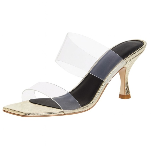 New Marc Fisher Gold Snakeskin Kitten Heels Clear Strap Open Toe Sandals 9.5M - Picture 1 of 5